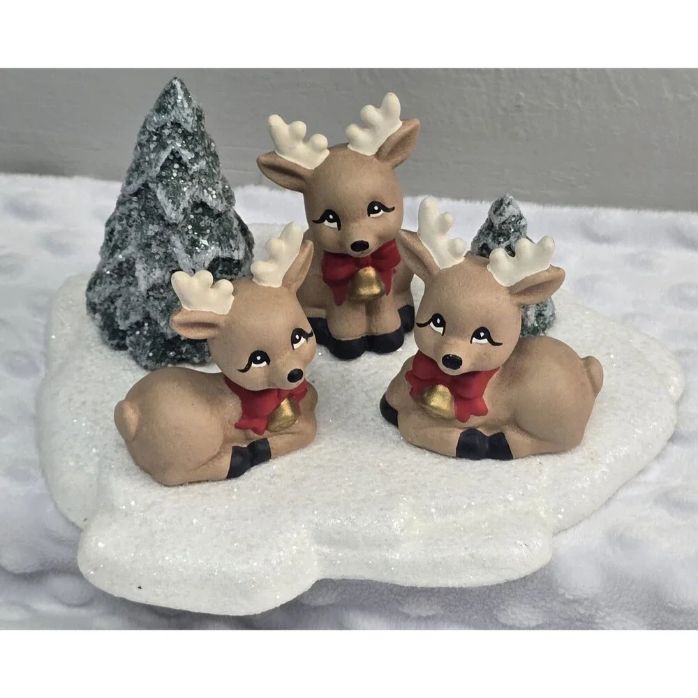 Vintage Christmas Reindeer Ceramic Mold Figurine Hand Painted 1980s Snowy Trees